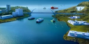 BOS Power energy solutions illustrated in a coastal hub with marine vessels, energy storage, emergency power, and renewable systems.