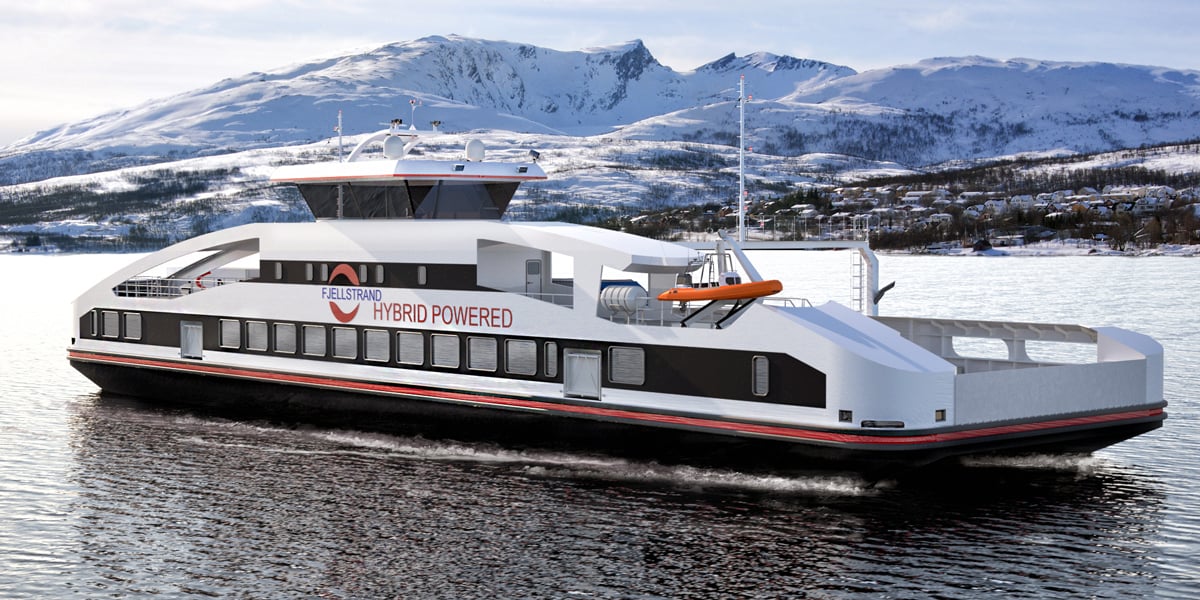 Fjellstrand ferry on sea with snowy mountains in background